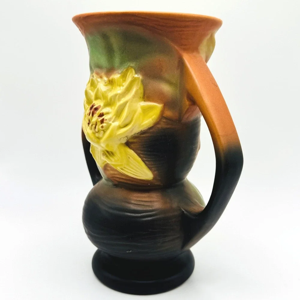 Roseville Water Lily 74-7 Vase Brown Green Yellow 1943 Art Pottery USA 7.25